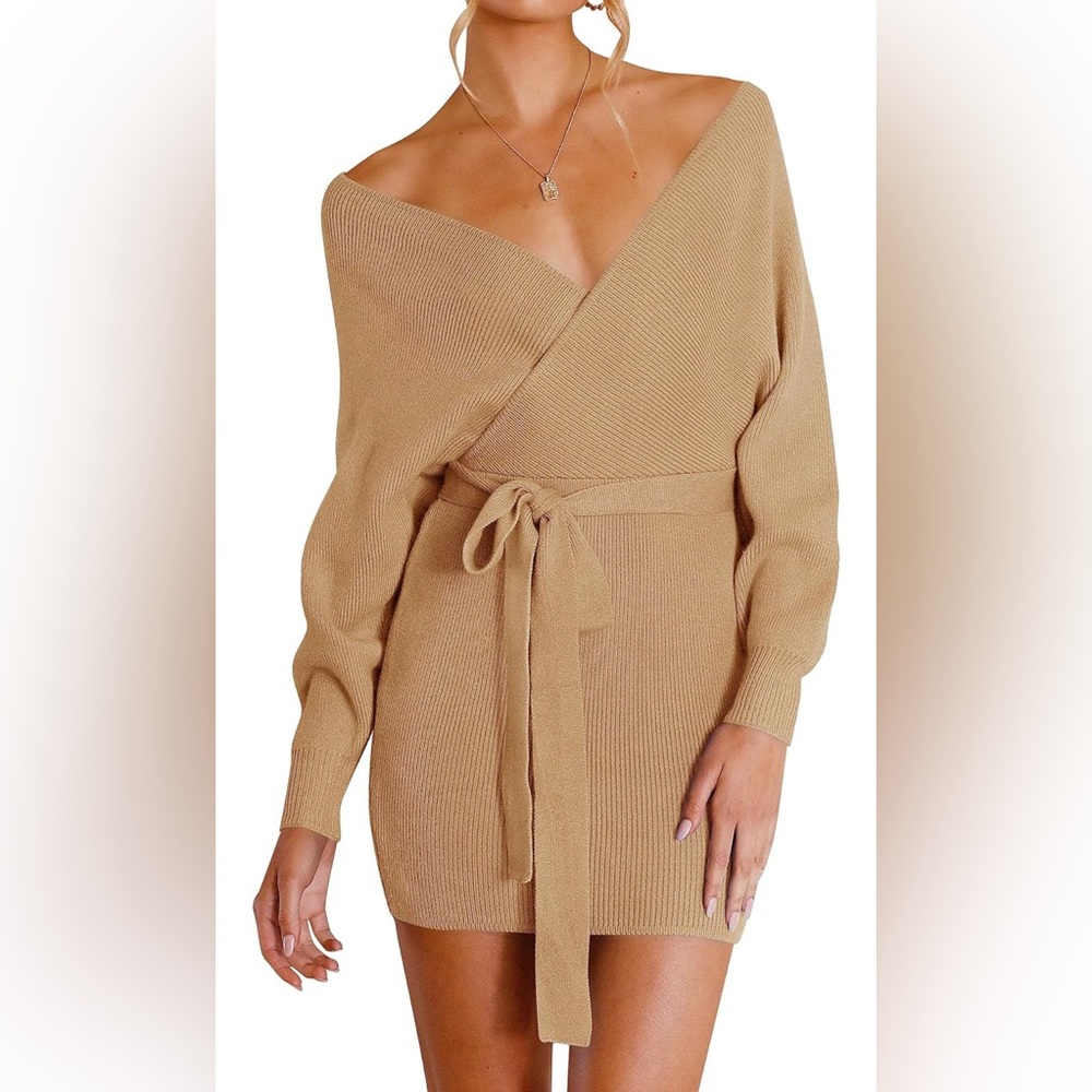 ZESICA Batwing Sleeve Wrap Knitted Backless Bodycon Sweater Dress with Belt